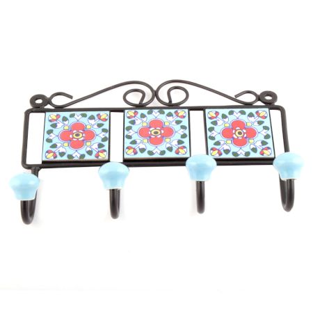 Turquoise And Red Floral Tiles Hooks